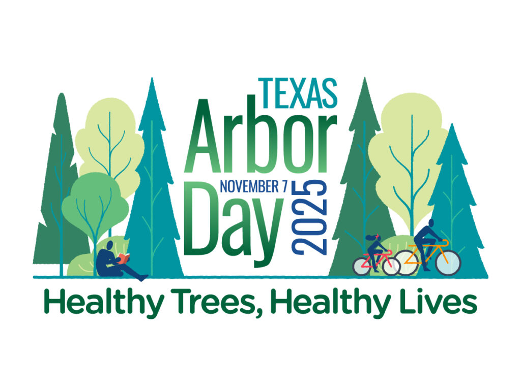 Colorful candy-themed trees with lollipops and gumdrops advertise Texas Arbor Day 2024 on November 1st, with the slogan "Treet Texas Well."